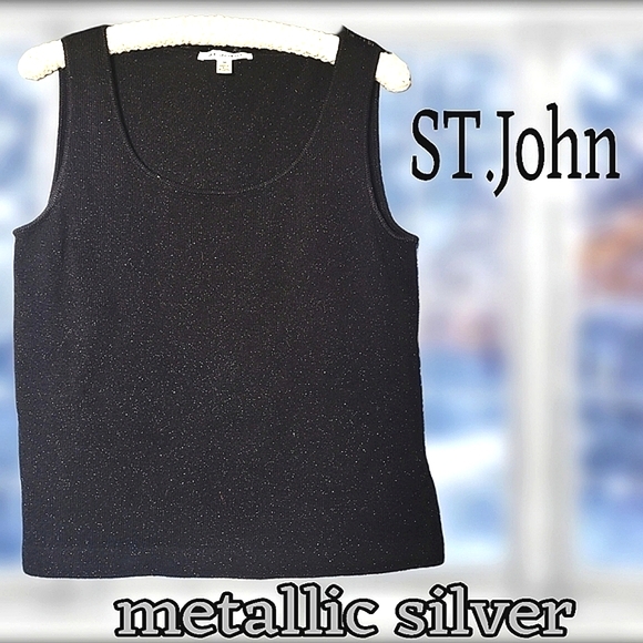 Vintage ST. JOHN knit sleeveless tank with silver metallic tinsel thread accent - Picture 1 of 6